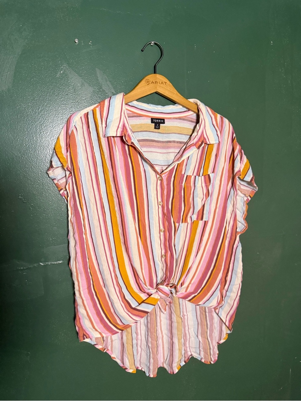 torrid Pink Orange Cream Striped Tie-Front Button Down Shirt